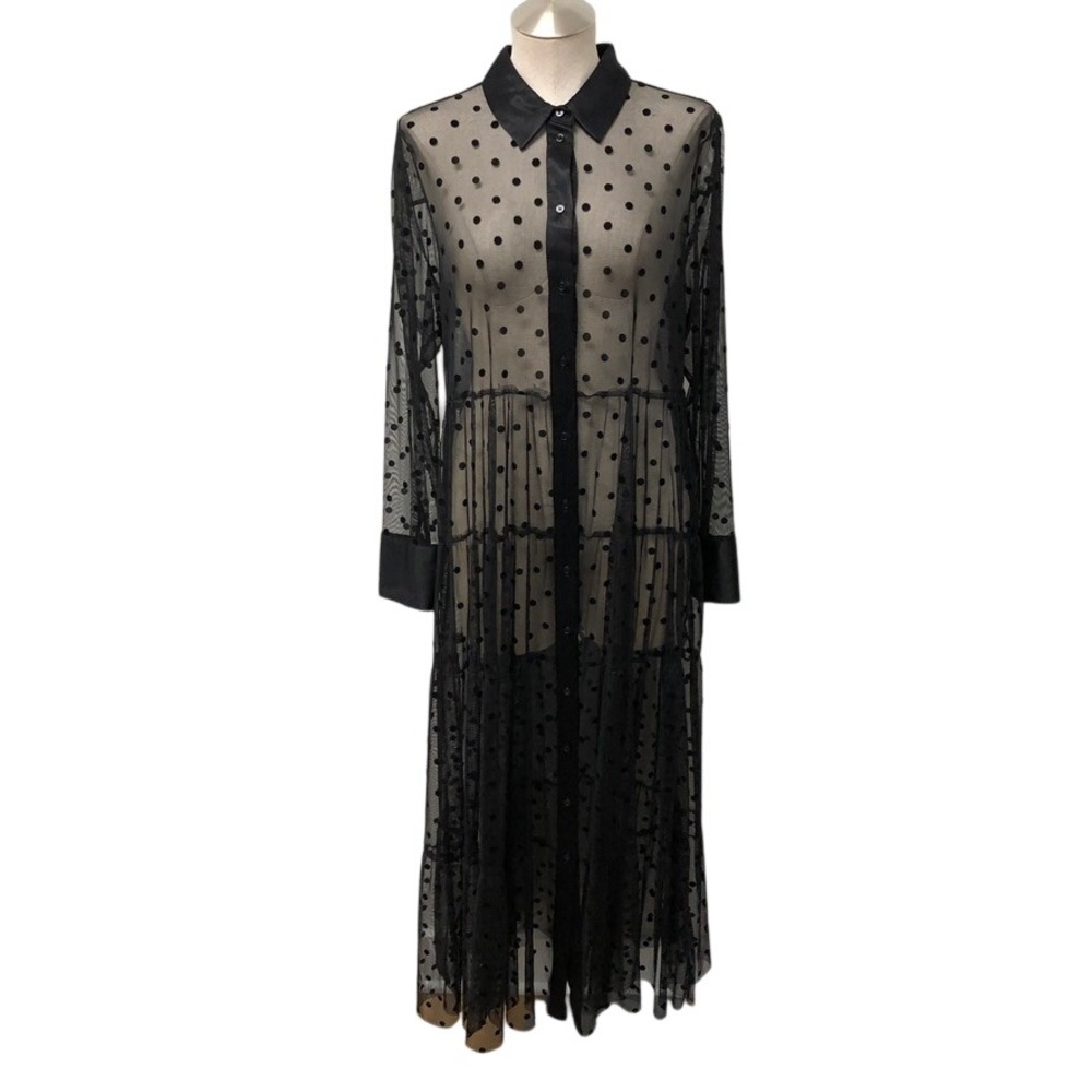 Zara Maxi Shirt Dress Womens Large Black Polka Dot Sheer Mesh Tiered Button Up